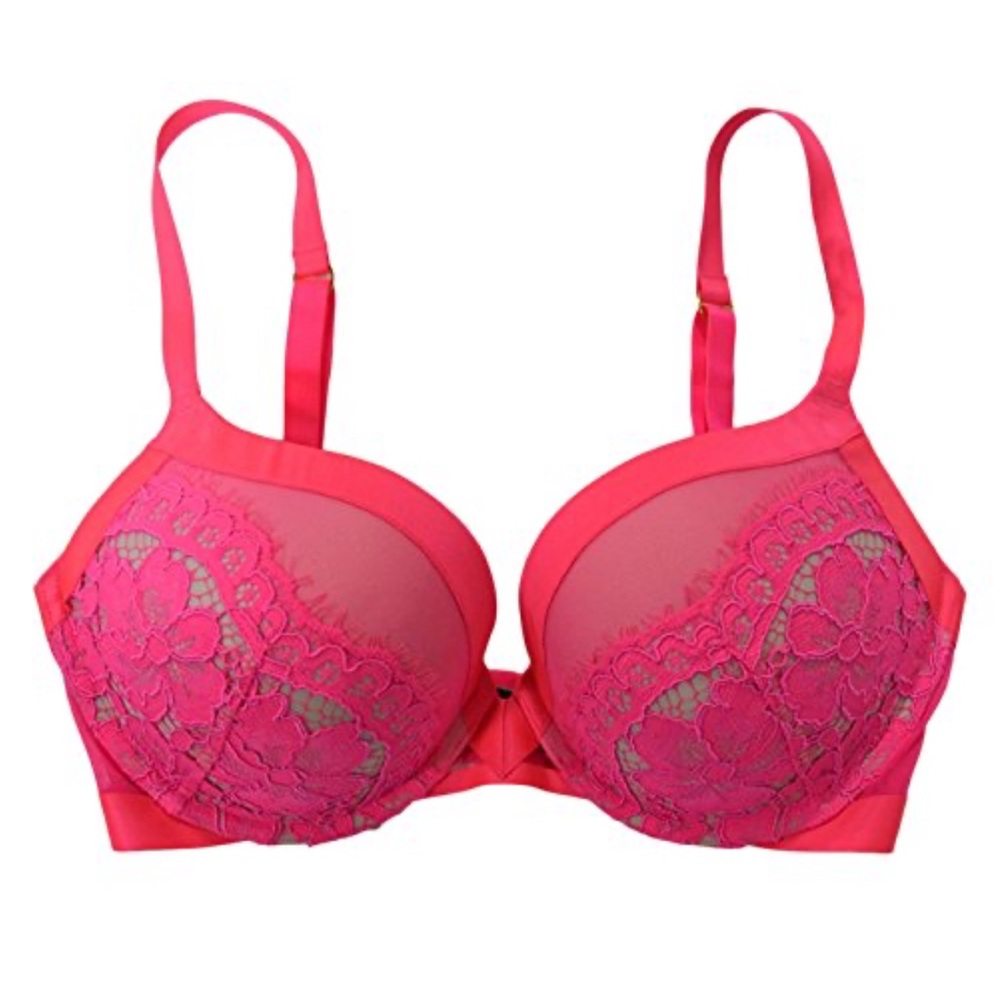 Victorias Secret very sexy padded push up bra front closure neon pink lace 34B